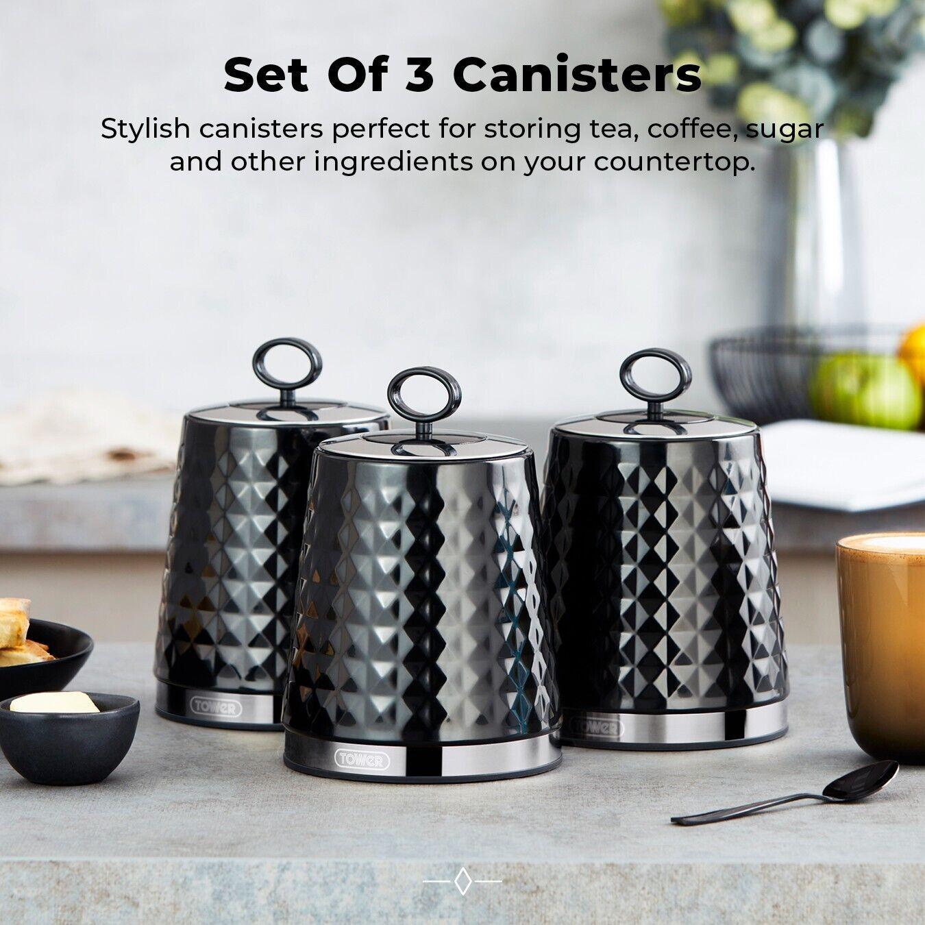 Tower Solitaire Kettle, 2 Slice Toaster, Bread Bin & Canisters Kitchen Set (Black) - Vibe Home