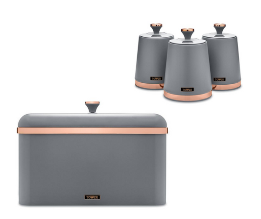 Tower Cavaletto Bread Bin & Canisters Kitchen Storage Set (Grey) - Vibe Home