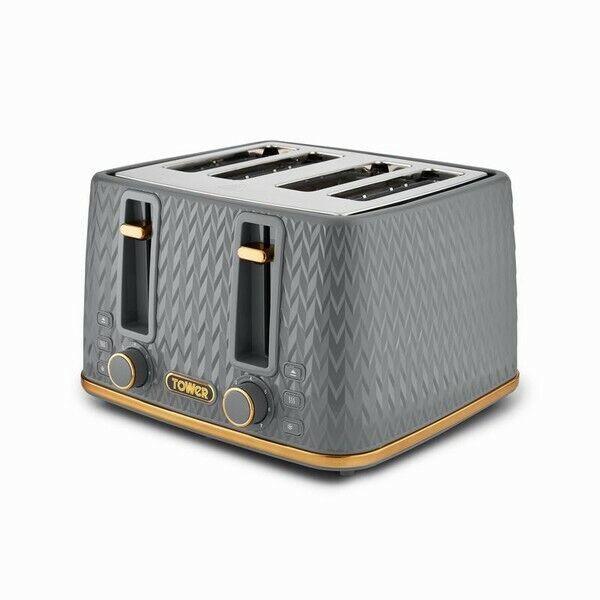Tower Empire Kettle, 4 Slice Toaster, Bread Bin, Canisters Kitchen Set (Grey) - Vibe Home