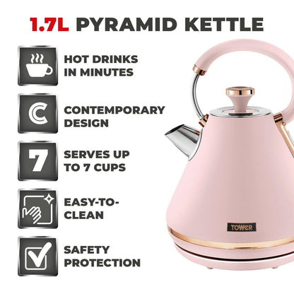 Tower Cavaletto Pyramid Kettle & 2 Slice Toaster Kitchen Set (Pink) - Vibe Home