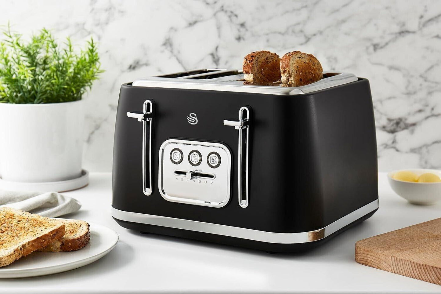 Swan Serenity Kettle, 4 Slice Toaster, Bread Bin & Canisters Kitchen Set (Black) - Vibe Home