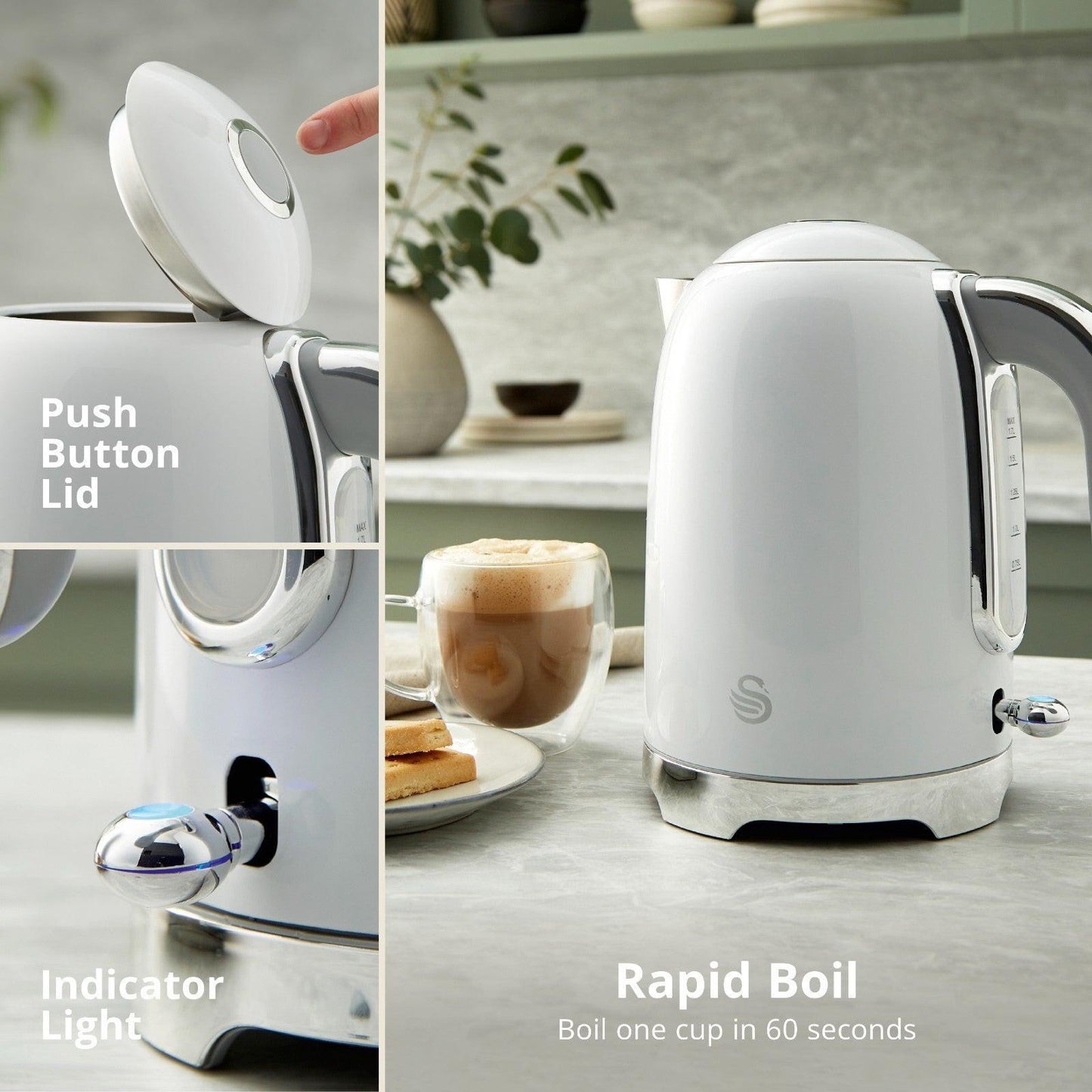 Swan Solace Jug Kettle, 2 Slice Toaster, Bread Bin, Canisters Kitchen Set (White) - Vibe Home