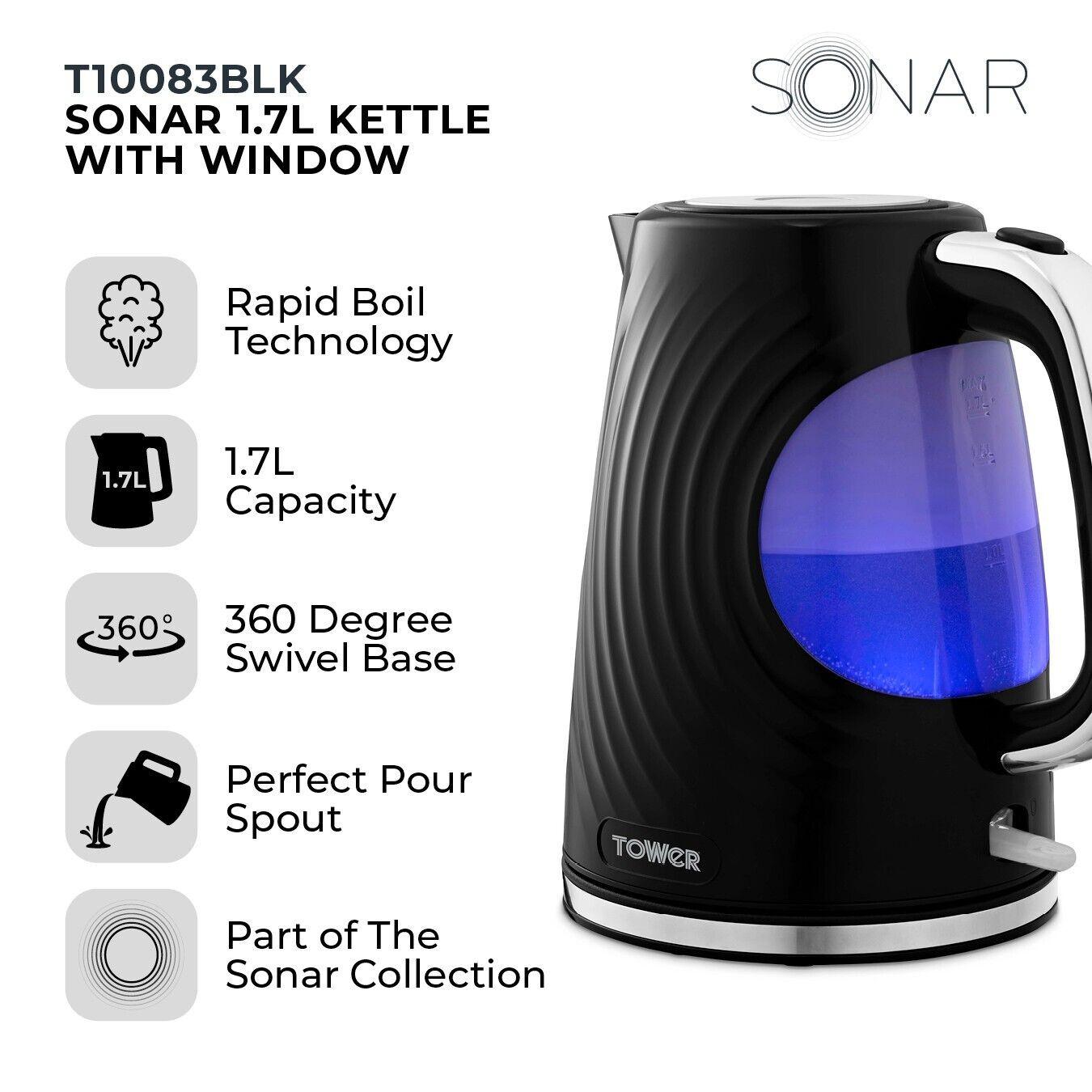 Tower Sonar Kettle, 2 Slice Toaster, Bread Bin & Canisters Kitchen Set (Black) - Vibe Home