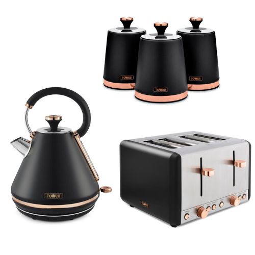 Tower Cavaletto Pyramid Kettle, 4 Slice Toaster & Canisters Kitchen Set (Black) - Vibe Home