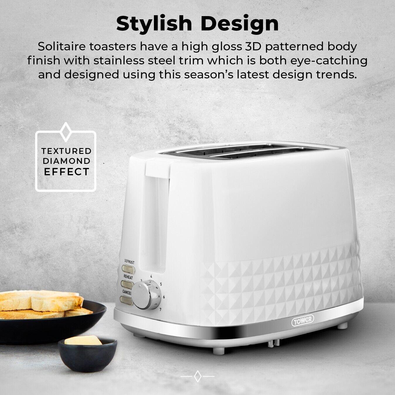 Tower Solitaire Kettle, 2 Slice Toaster, Bread Bin & Canisters Kitchen Set (White) - Vibe Home