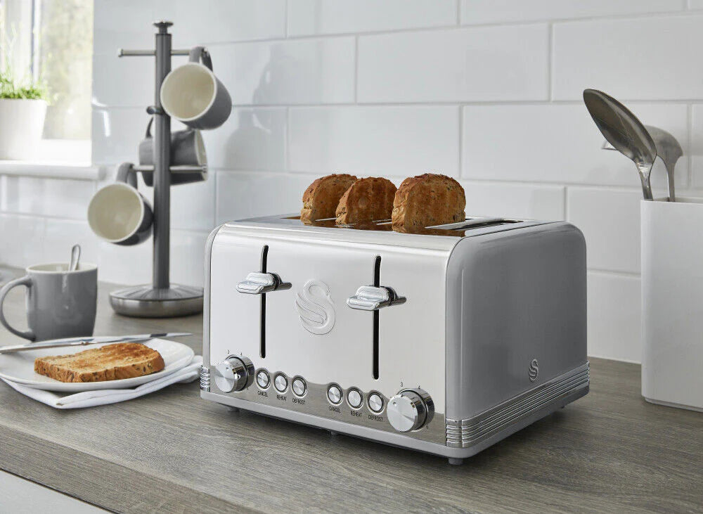 Swan Retro Grey Kettle, 4 Slice Toaster, Bread Bin Canisters Kitchen Set