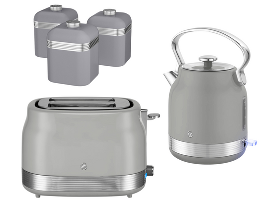 Swan Retro Pyramid Kettle, 2 Slice Toaster & Canisters Kitchen Set (Grey) - Vibe Home