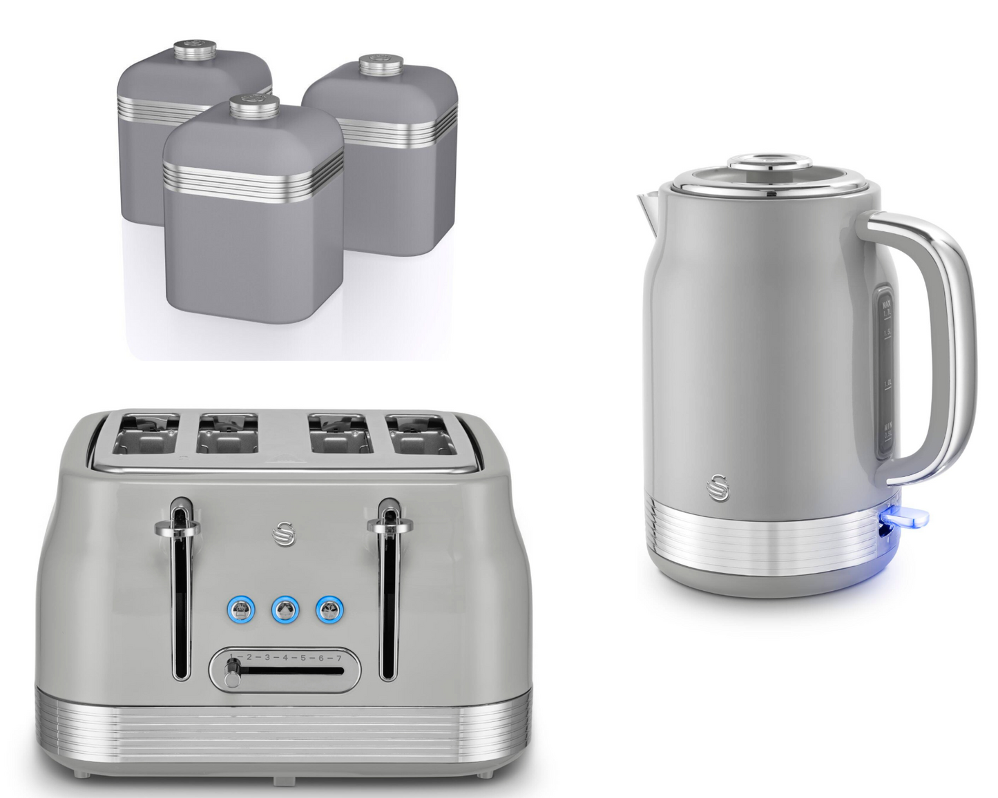 Swan Retro Jug Kettle, 4 Slice Toaster & Canisters Kitchen Set (Grey) - Vibe Home