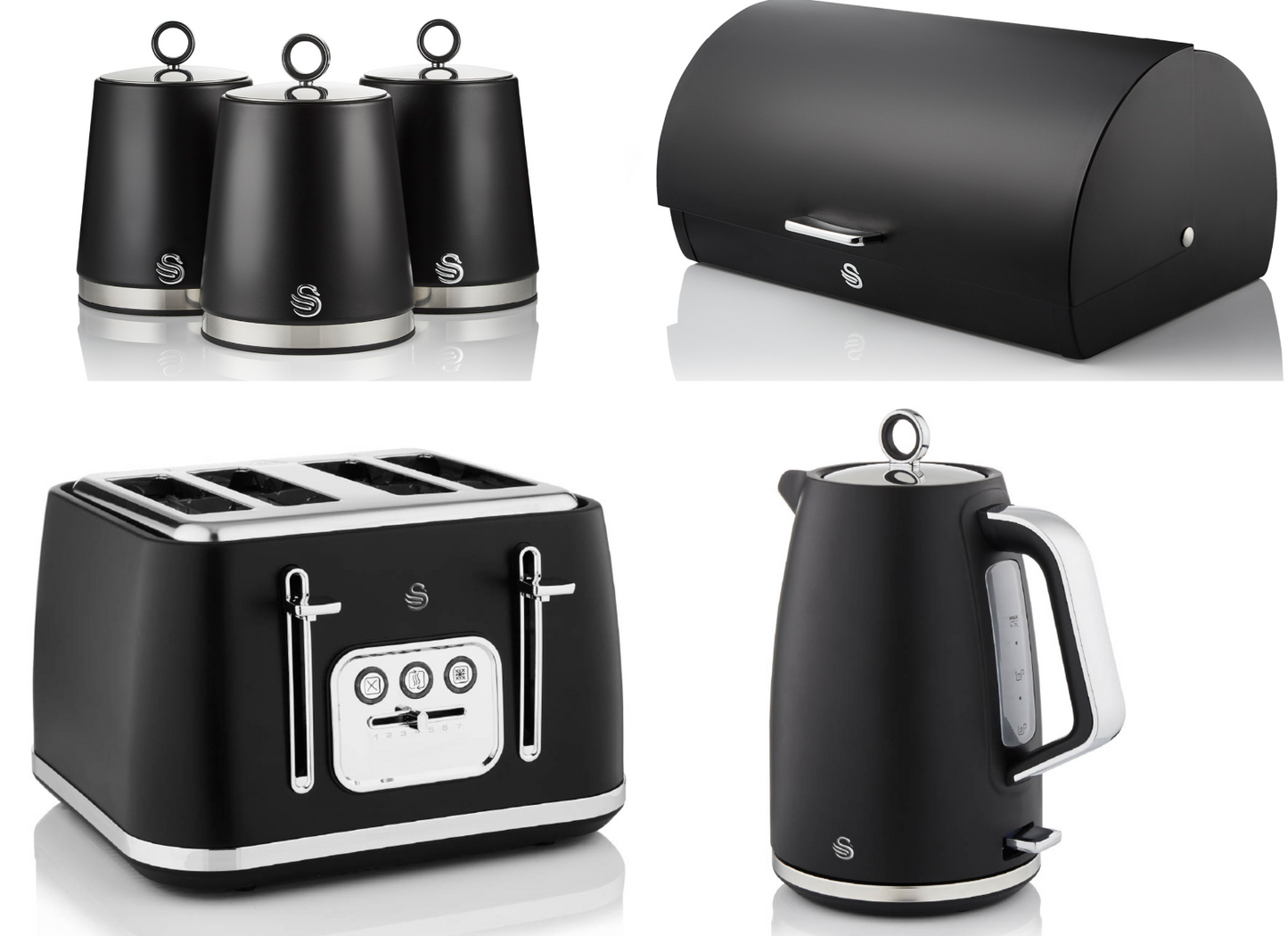 Swan Serenity Kettle, 4 Slice Toaster, Bread Bin & Canisters Kitchen Set (Black) - Vibe Home