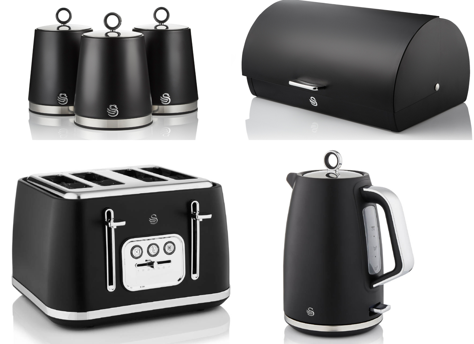 Swan Serenity Kettle, 4 Slice Toaster, Bread Bin & Canisters Kitchen Set (Black) - Vibe Home