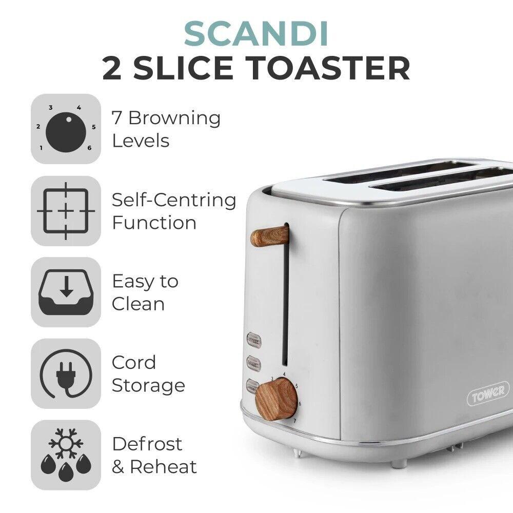 Tower Scandi Kettle, 2 Slice Toaster, Bread Bin, Canisters & Biscuit Barrel Kitchen Set (Dove Grey) - Vibe Home