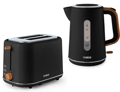Tower Scandi Kettle & 2 Slice Toaster Kitchen Set (Black) - Vibe Home