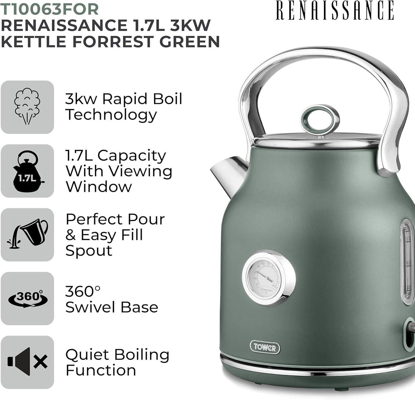 Tower Renaissance Kettle, 4 Slice Toaster, Bread Bin, Canisters Kitchen Set (Forest Green) - Vibe Home