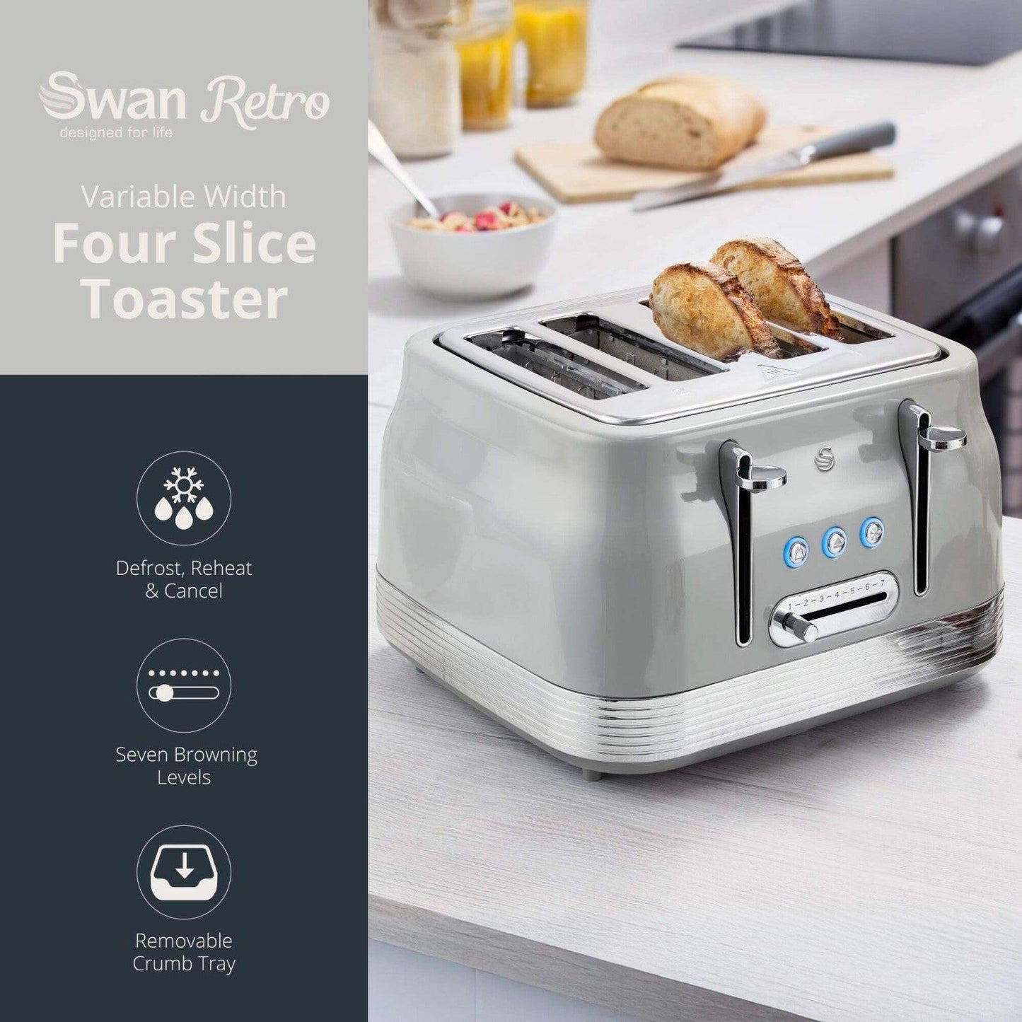 Swan Retro Pyramid Kettle, 4 Slice Toaster, Bread Bin, Canisters Kitchen Set (Grey) - Vibe Home