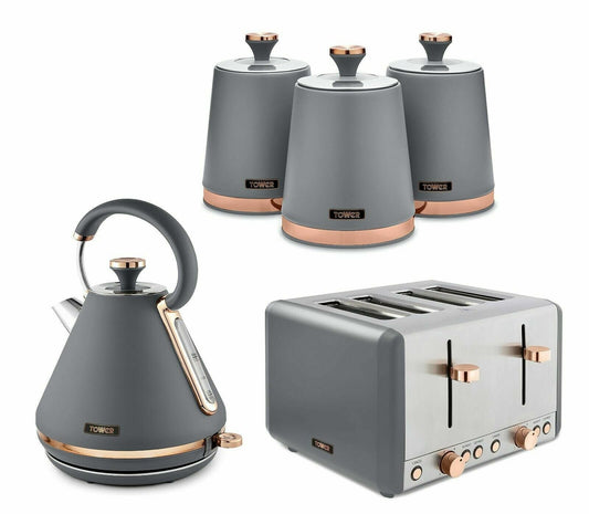 Tower Cavaletto Pyramid Kettle, 4 Slice Toaster & Canisters Kitchen Set (Grey) - Vibe Home