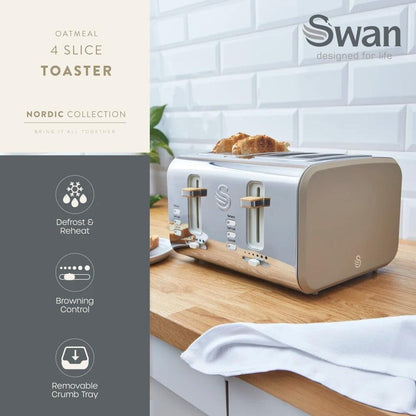 Swan Nordic Kettle, 4 Slice Toaster, Bread Bin, Canisters Kitchen Set (Oatmeal) - Vibe Home