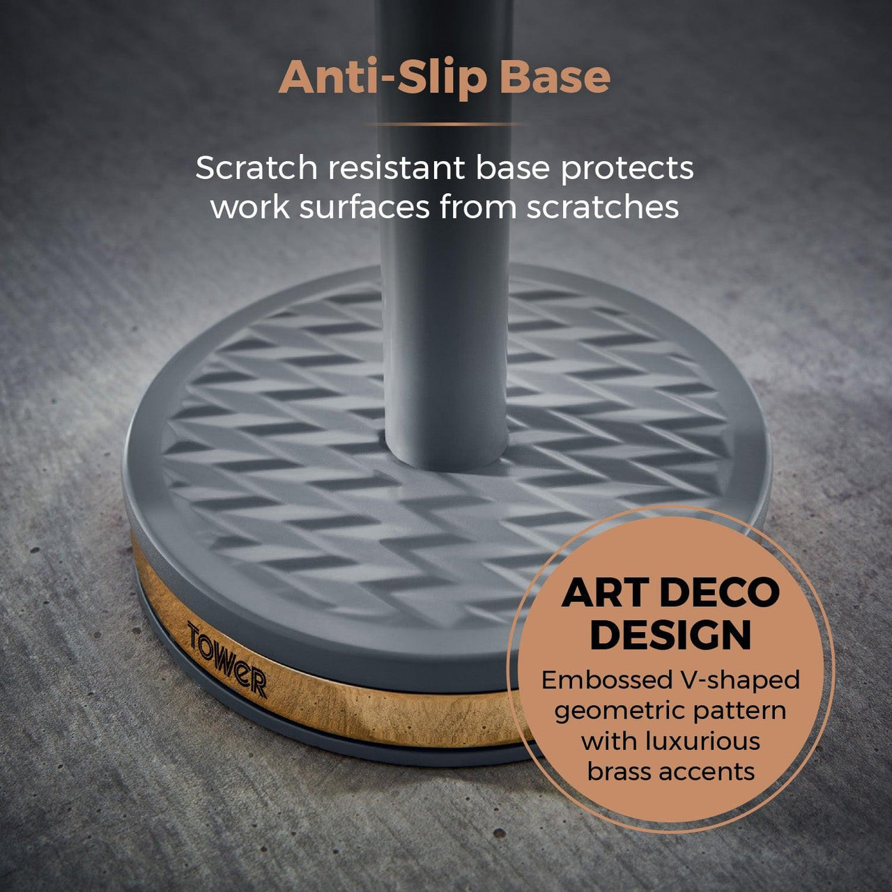 Grey anti-slip base with embossed V-pattern and brass accent trim for pole stand