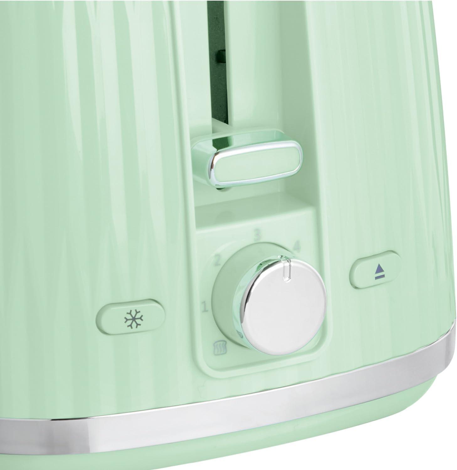 Mint green 2-slice toaster front control panel with lever and browning dial
