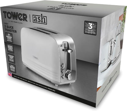 Tower Ash Grey 2 Slice Toaster 7 Browning Levels Chrome Accents T20080GRY