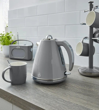 Swan Retro Kettle, 4 Slice Toaster, Canisters, Mug Tree & Towel Pole Kitchen Set (Grey)