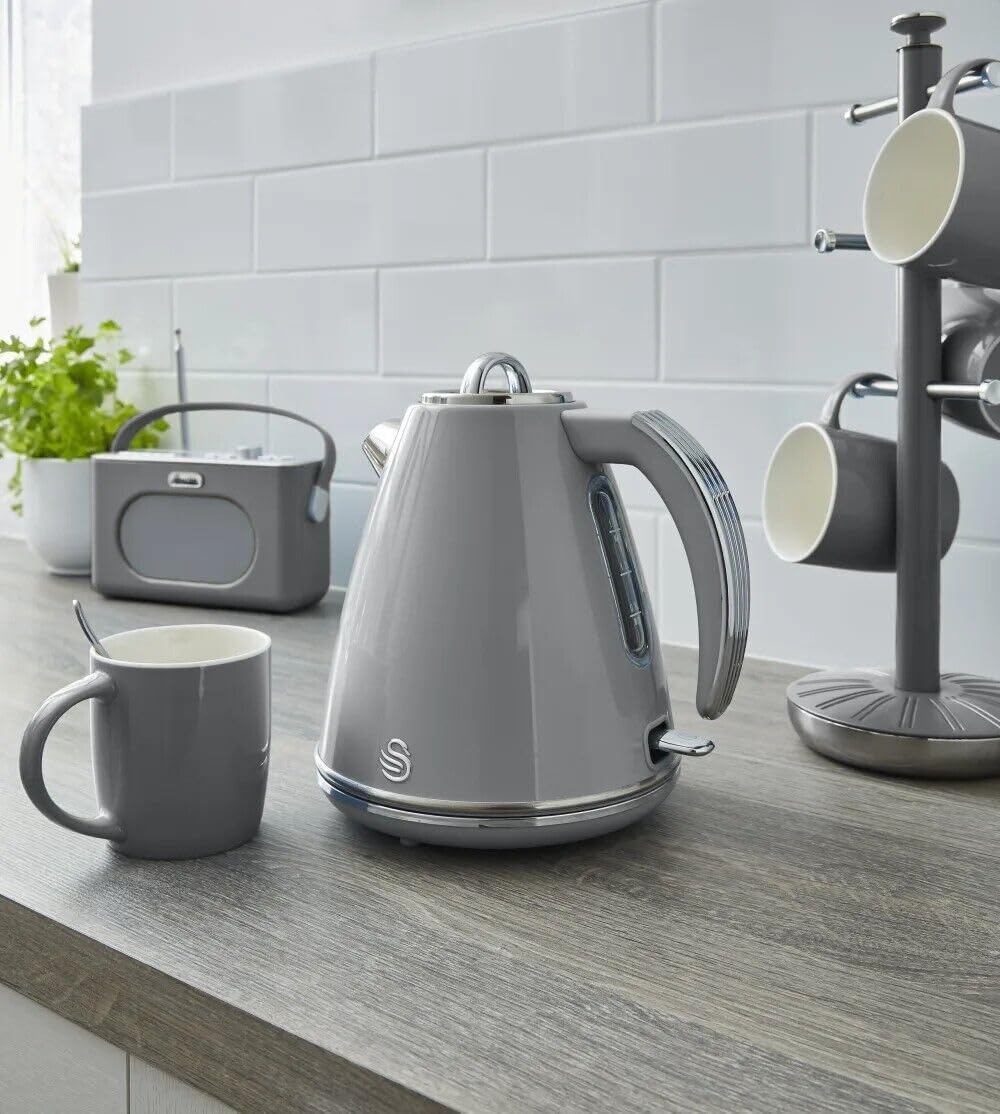 Swan Retro Kettle, 4 Slice Toaster & Canisters Kitchen Set (Grey)