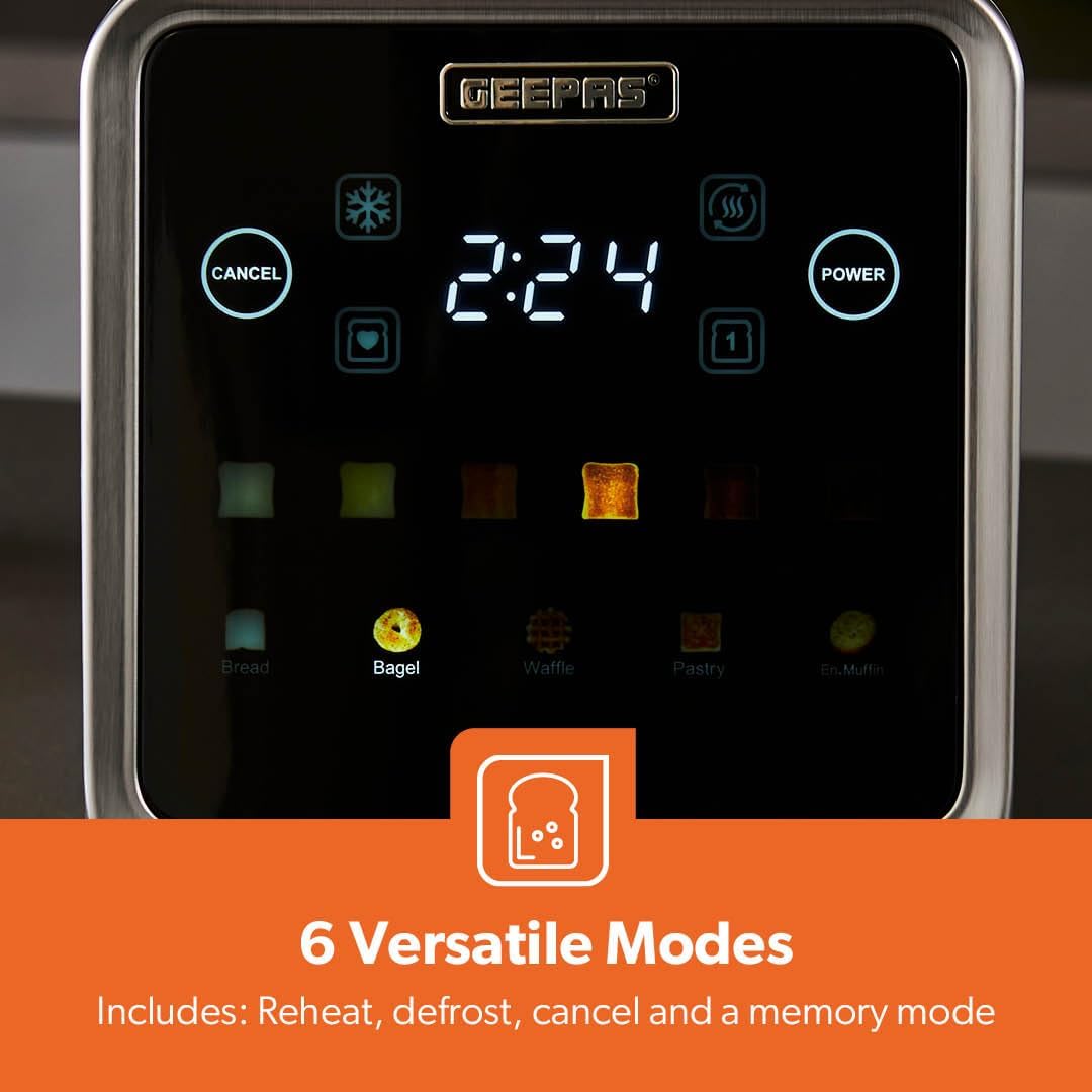 GEEPAS 5-in-1 Digital 4 Slice Long Slot Toaster GBT36566UK (Silver)