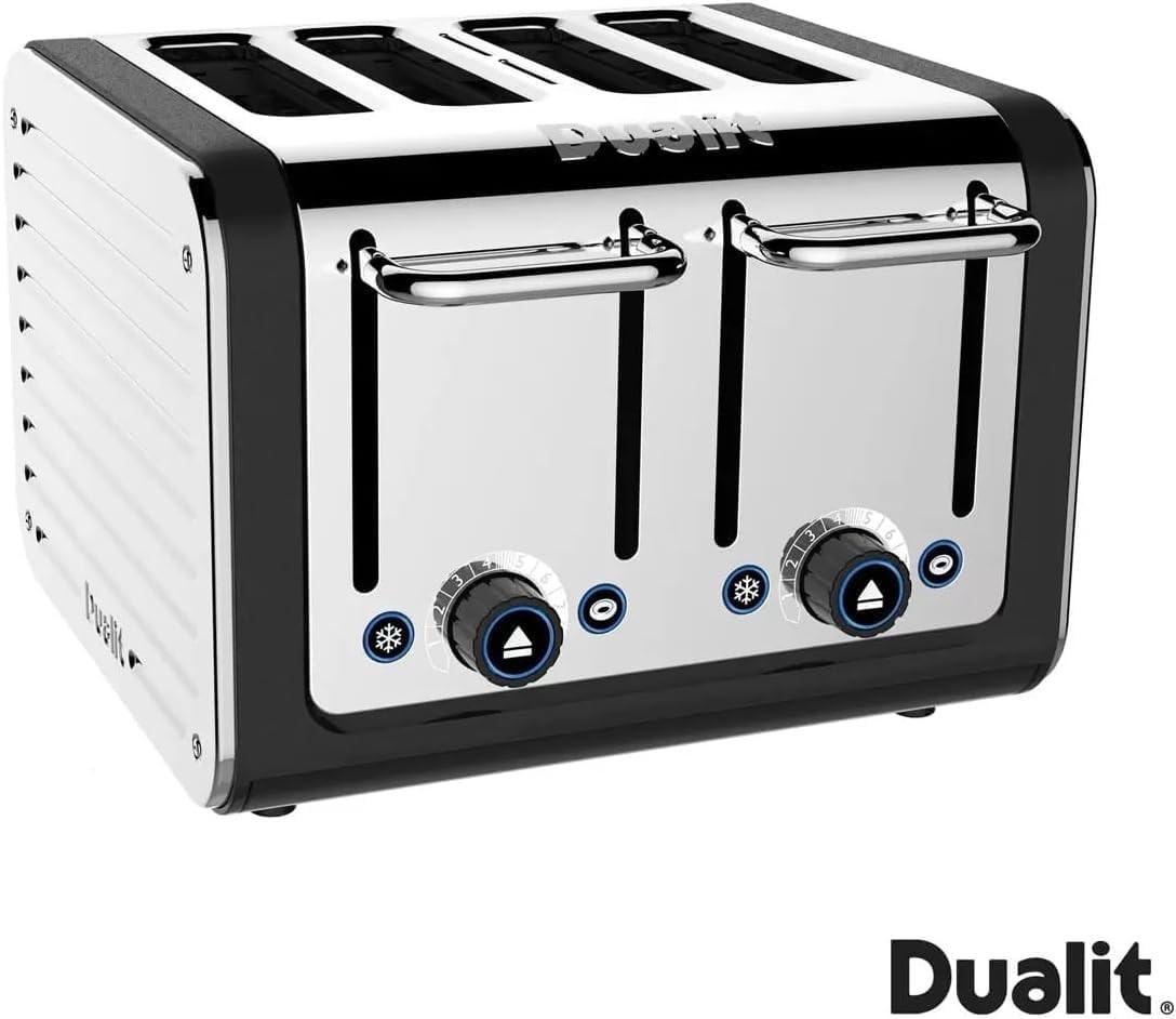 Black and stainless-steel 4-slice toaster with lever handles and control dials