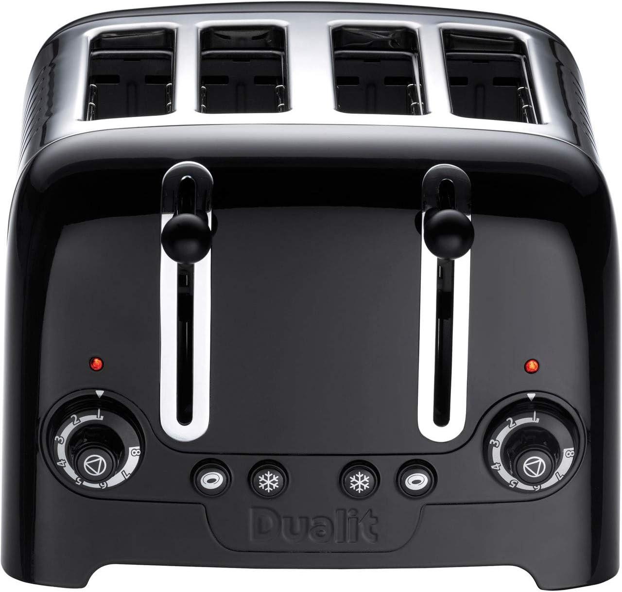 Black Dualit Lite 4-slice toaster front view with two lever handles and dial controls