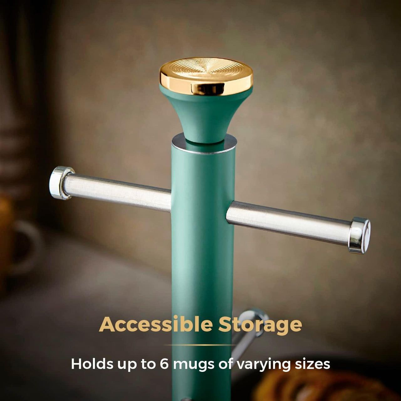 Jade mug tree pole with horizontal stainless bar arms and round top cap