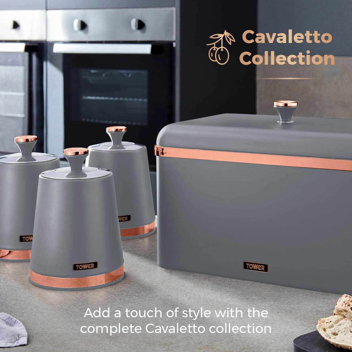 Tower Cavaletto Pyramid Kettle, 4 Slice Toaster, Bread Bin Canisters Kitchen Set (Grey)