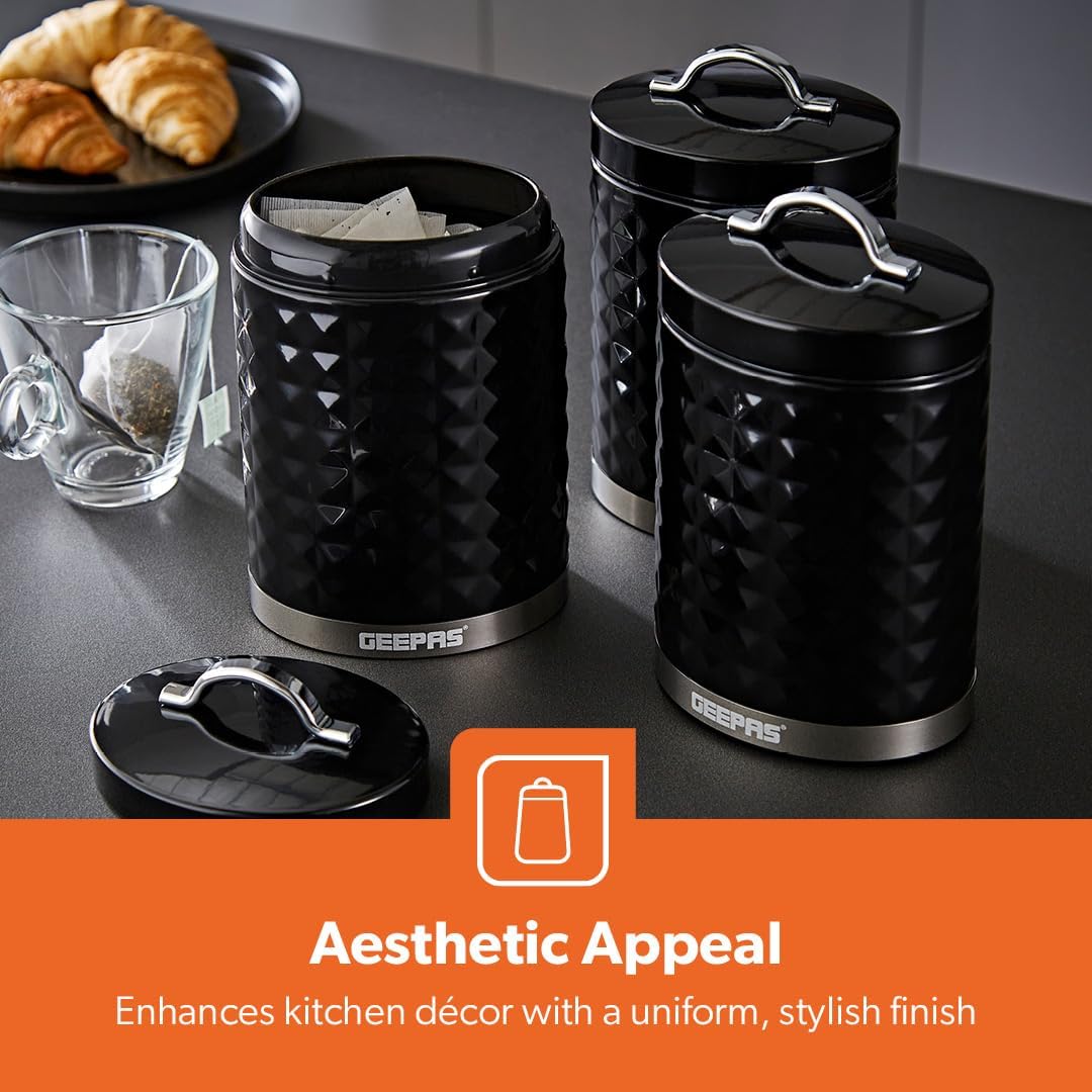 GEEPAS Argyle Tea, Coffee & Sugar Canisters Set GCS63085UK-BK (Black)