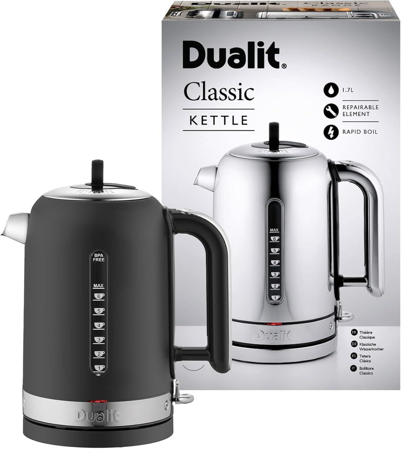 Matte black electric kettle with matching box packaging in view