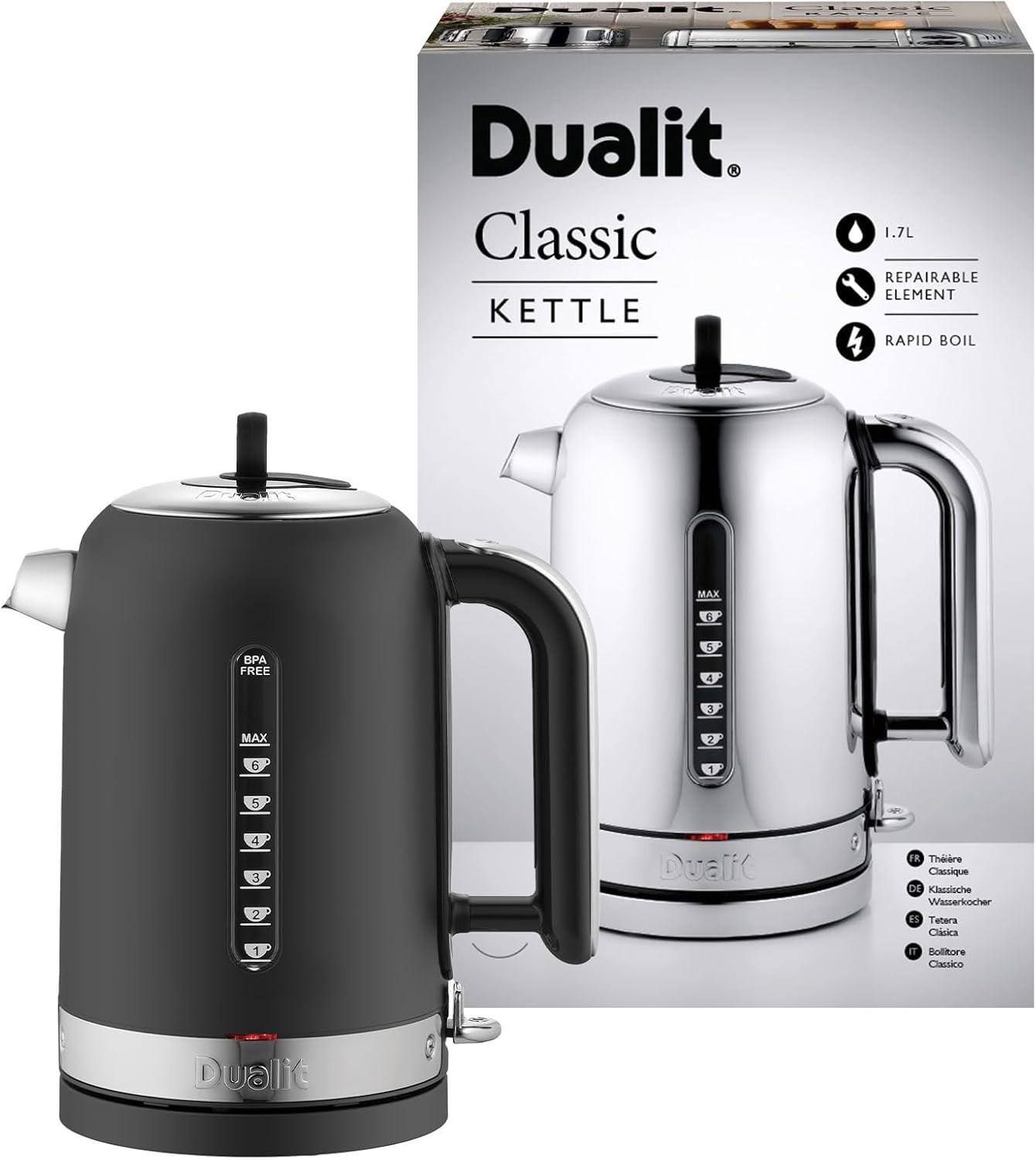 Matte black electric kettle with matching box packaging in view
