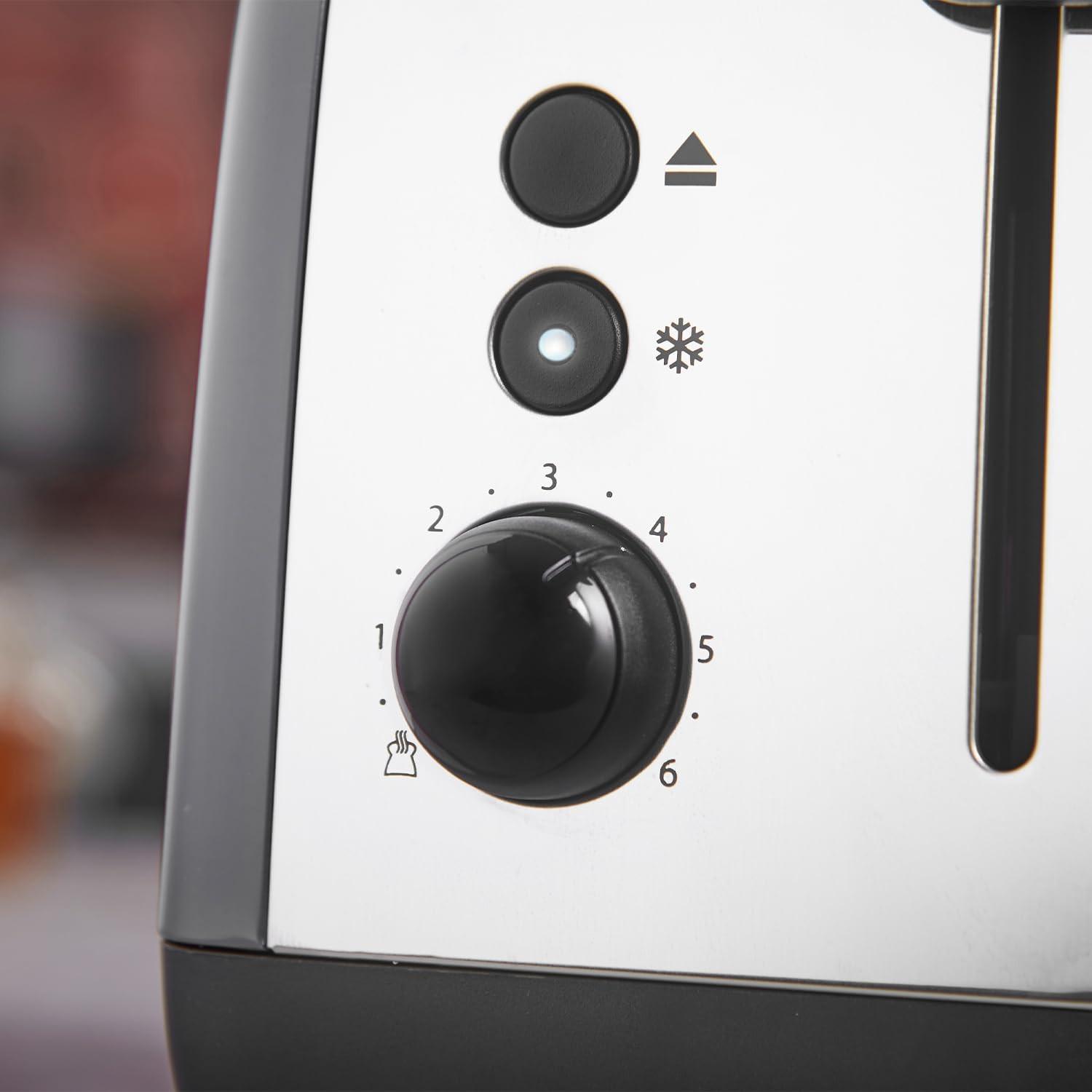 Grey toaster control dial with numbered browning scale and frost icon