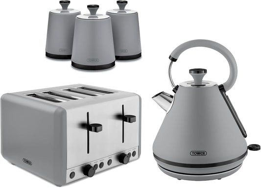 Tower Sera Kettle, 4 Slice Toaster & Canisters Kitchen Set (Grey)