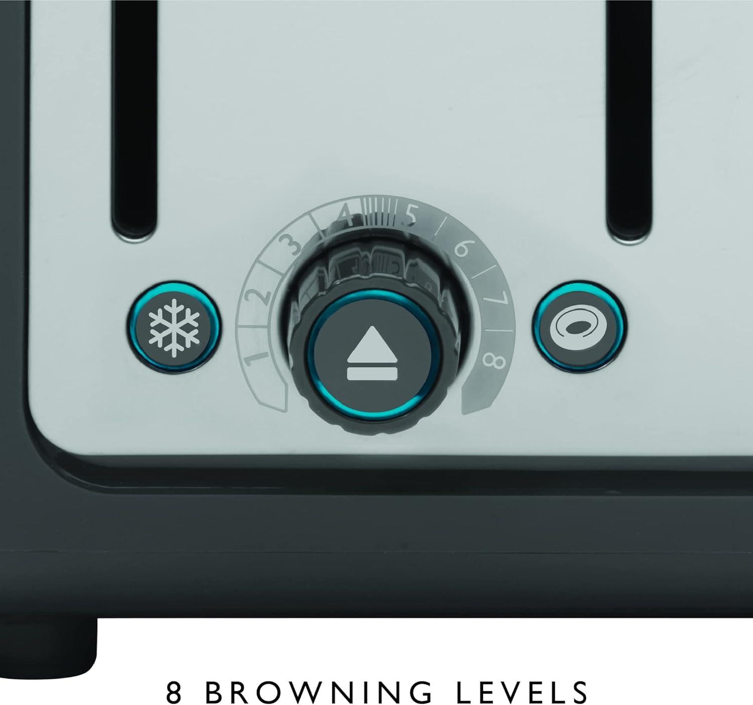 Grey Dualit toaster with browning level dial and blue function buttons