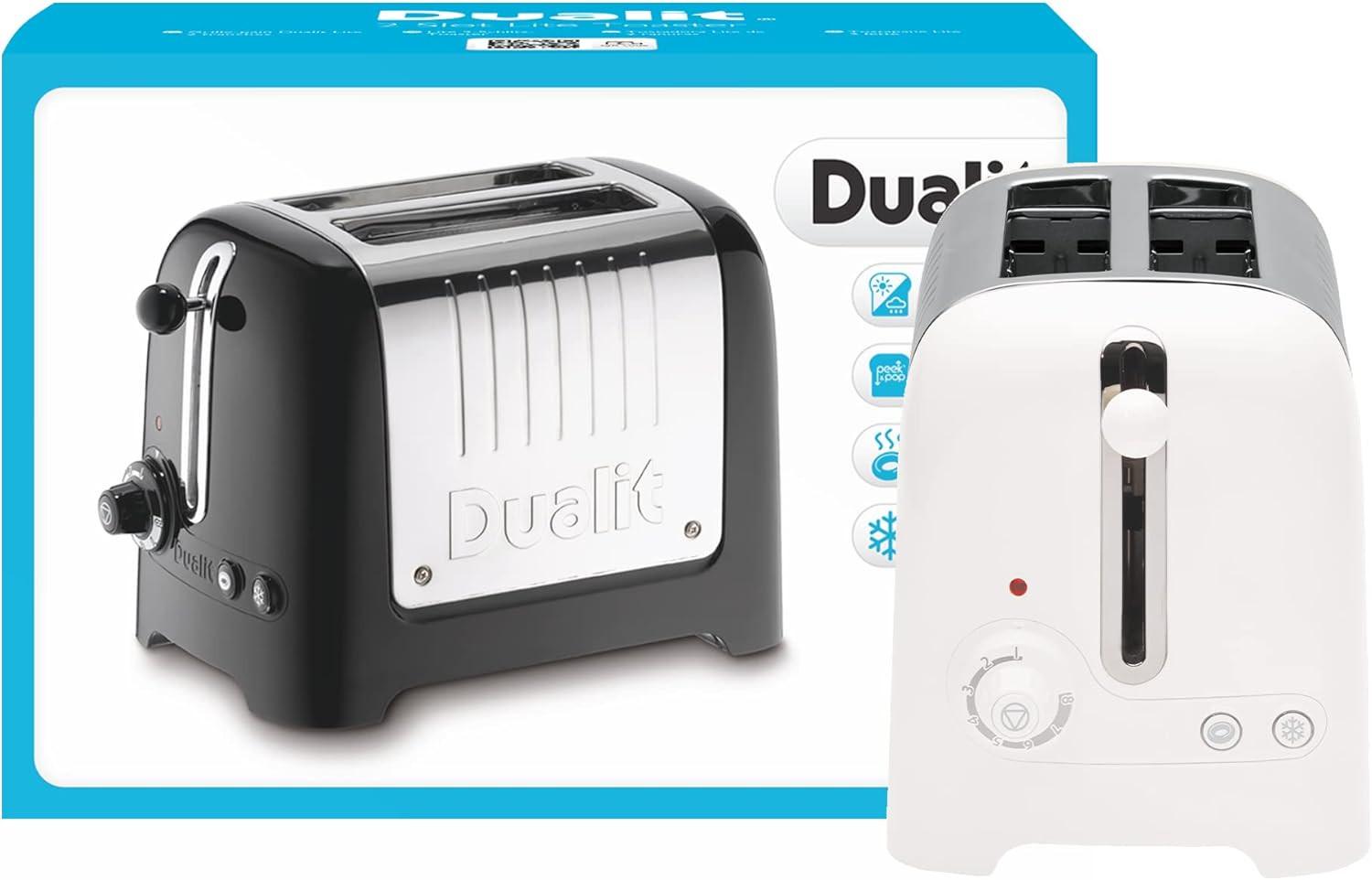 Dualit Lite toasters in white and black, two-slice designs, front views side by side