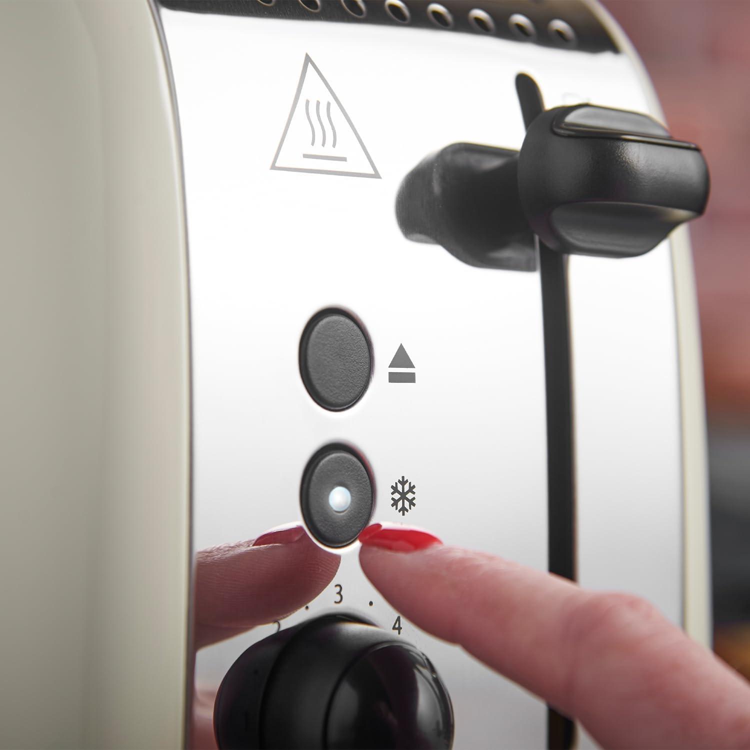 Toaster front controls with button icons and black lift lever on cream body.