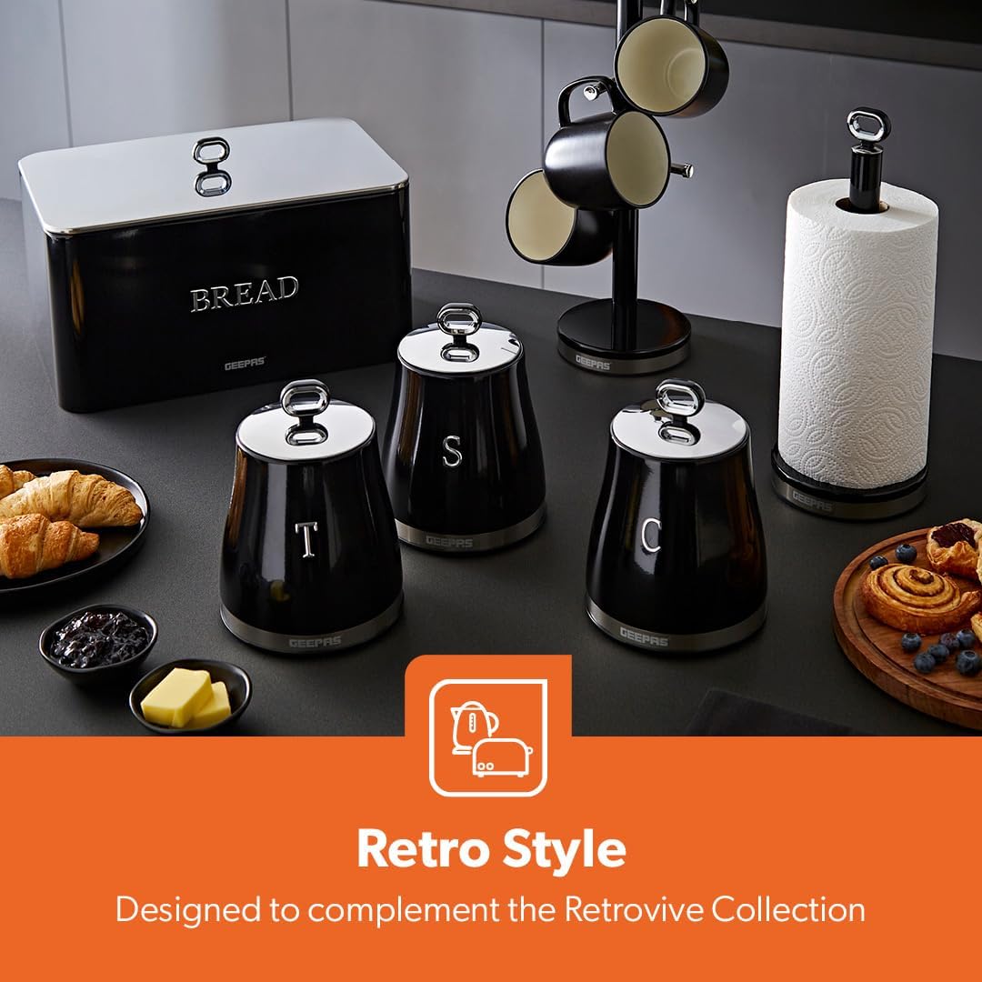 GEEPAS Retrovive Tea, Coffee & Sugar Canisters Set GCS63082UK-BK (Black)