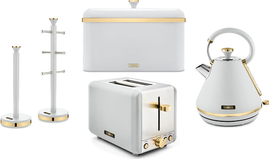 Tower Cavaletto Kettle, 2 Slice Toaster, Canisters, Towel Pole & Mug Tree Kitchen Set (Optic White)