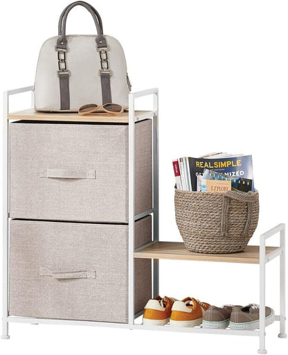 mDesign Storage Drawersn - 2 Fabric Drawers, Flat Top and Shoe Rack for Extra Storage Bedroom Storage Unit for Shoes, Clothes and Accessories - Tan