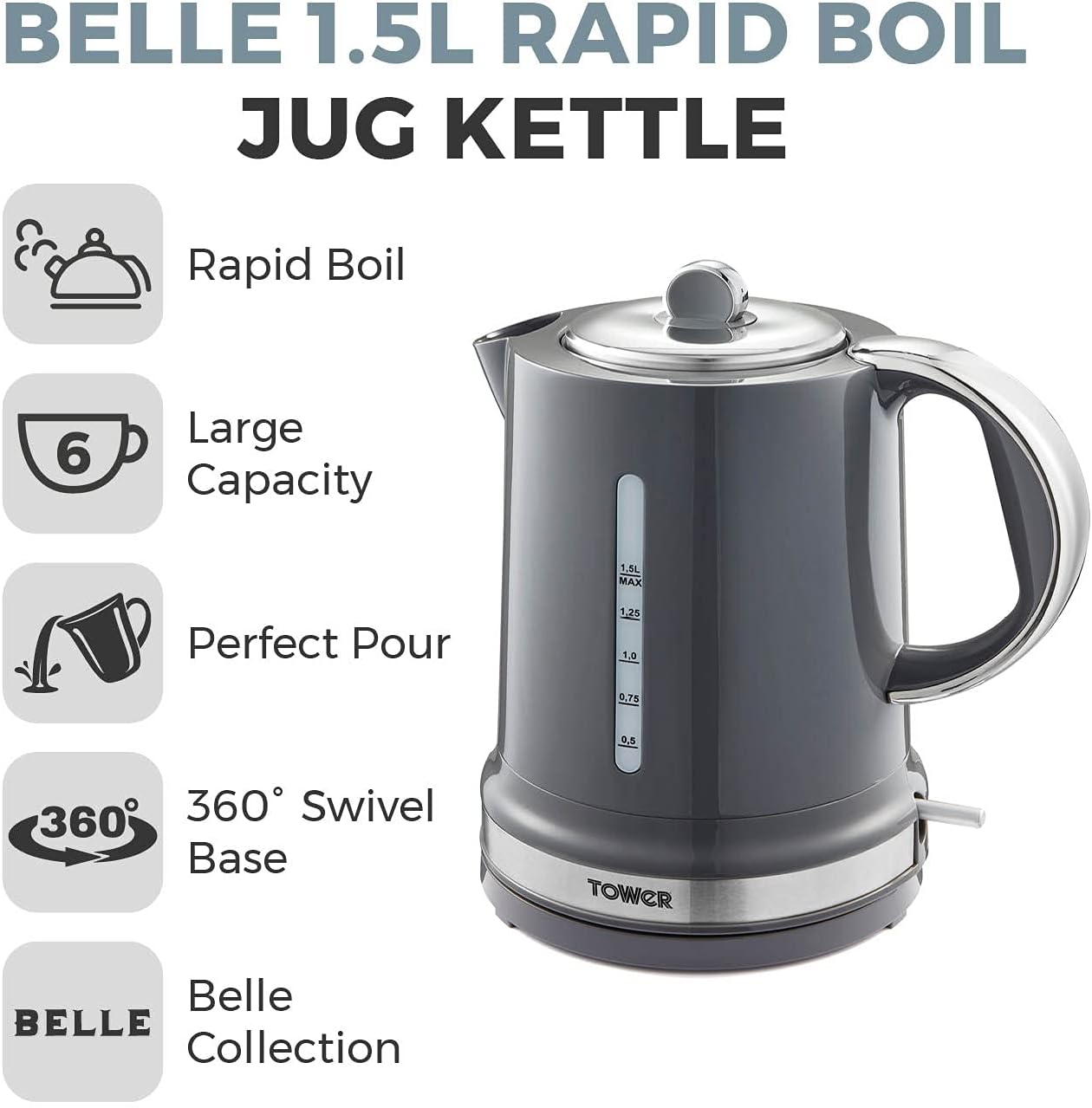 Tower Belle Grey Kettle Rapid Boil Graphite T10049GRP