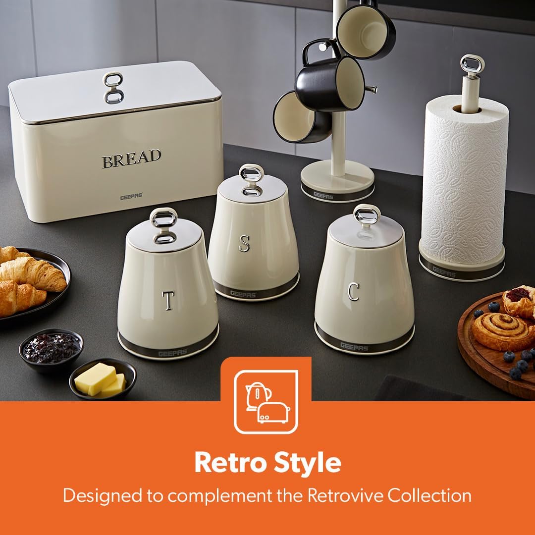 GEEPAS Retrovive Kettle, 4 Slice Toaster, Bread Bin & Canisters Kitchen Set (Cream)