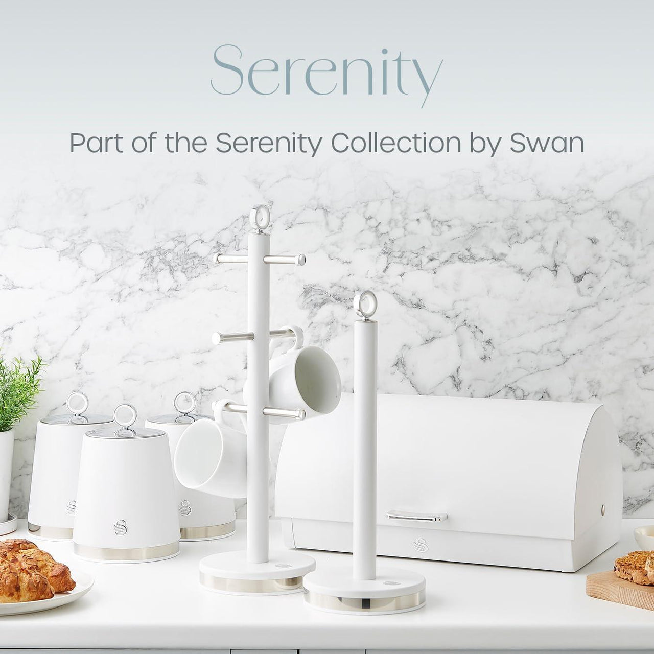 White mug tree and towel pole set from the Serenity collection on a countertop