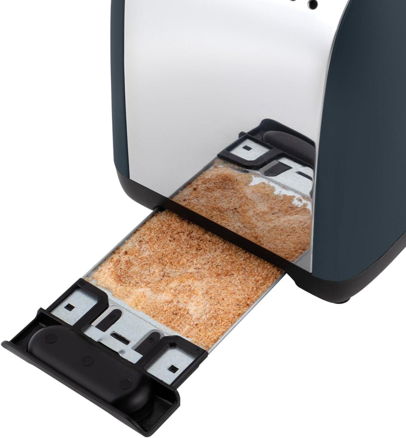 Grey Russell Hobbs toaster with pull-out crumb tray holding toasted crumbs