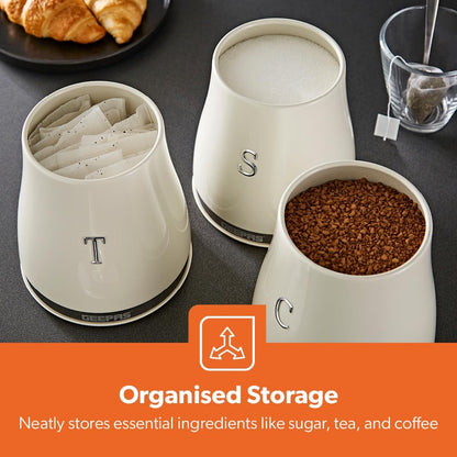 GEEPAS Retrovive Kettle, 4 Slice Toaster, Bread Bin & Canisters Kitchen Set (Cream)