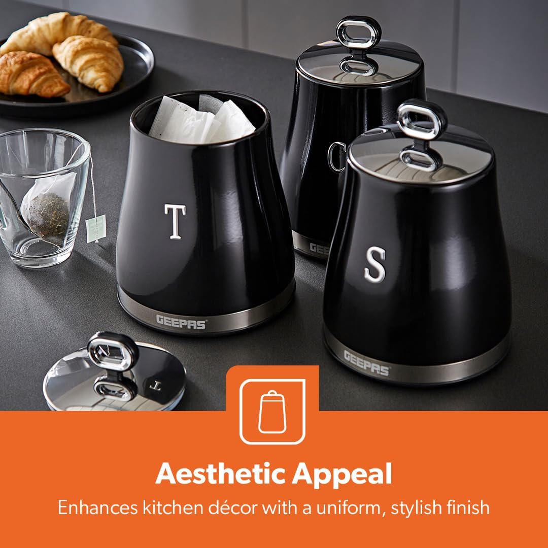 GEEPAS Retrovive Tea, Coffee & Sugar Canisters Set GCS63082UK-BK (Black)