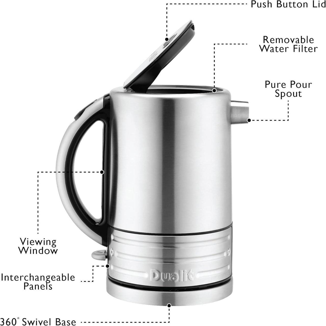 Stainless steel jug kettle showing push-button lid, removable filter area, and 360° base