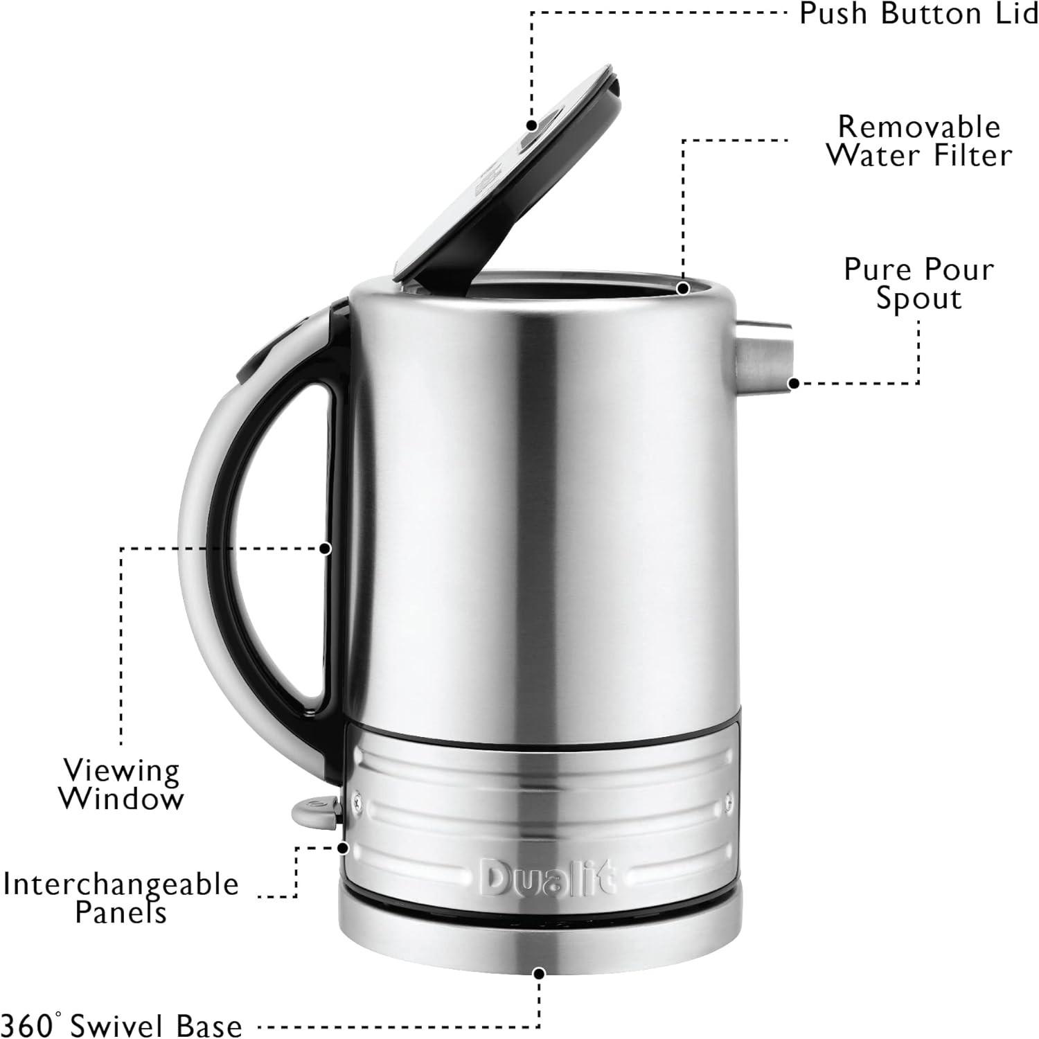 Stainless steel jug kettle showing push-button lid, removable filter area, and 360° base