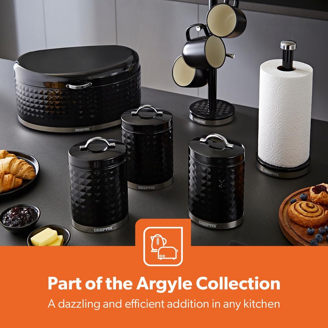 GEEPAS Argyle Tea, Coffee & Sugar Canisters Set GCS63085UK-BK (Black)